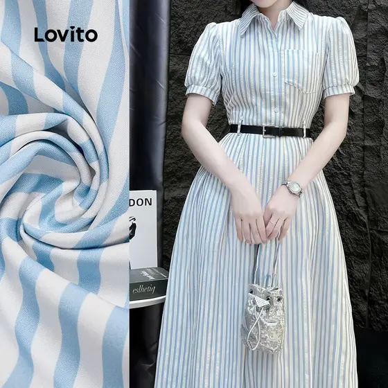 (New) Lovito Vestido Casual Geométrico de Primavera/verão Azul para Mulheres L149ED389