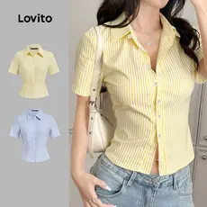 Lovito Blusa Casual Com Botões E Bojo Cor Amarelo Claro Ideal Para Primavera/verão L143AD628