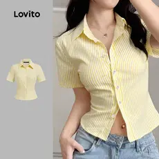 (New) Lovito Blusa Casual com Botões Forrada Primavera/verão Blusa Amarela Clara para Mulheres L143AD628