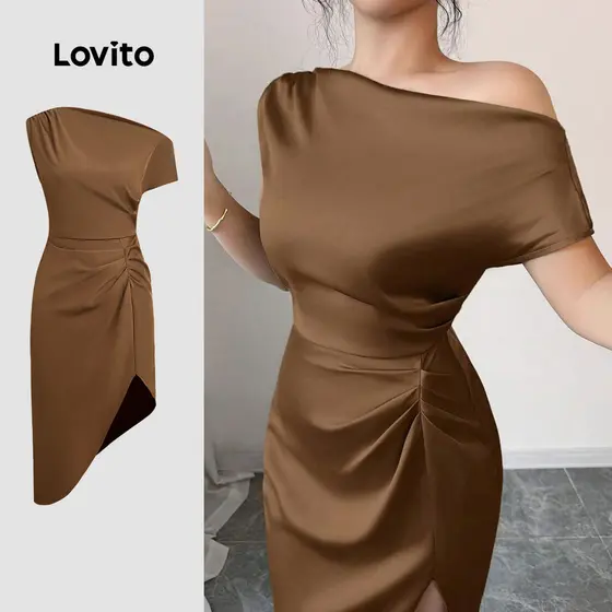Lovito Vestido Glamoroso Marrom Com Pregas E Zíper Para Mulheres Ideal Para O Verão/primavera L155AD343