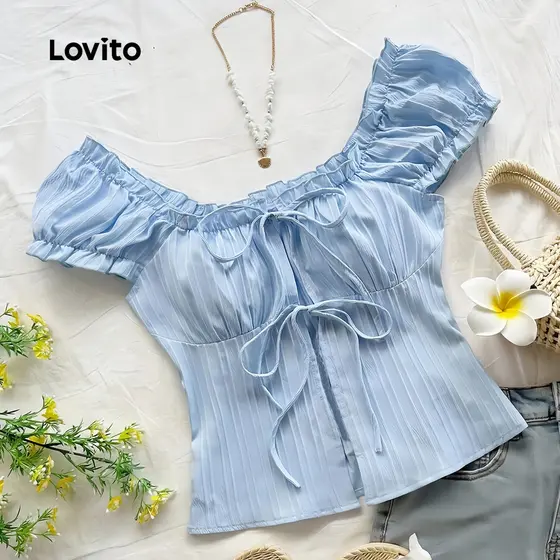 Lovito Blusa Casual de Renda com Laço Acabamento de Alface Rosa Primavera/verão para mulheres L139AD009