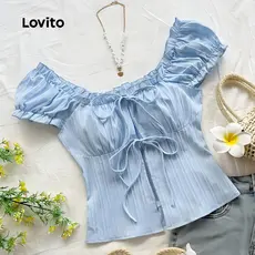 Lovito Blusa Casual de Renda com Laço Acabamento de Alface Rosa Primavera/verão para mulheres L139AD009