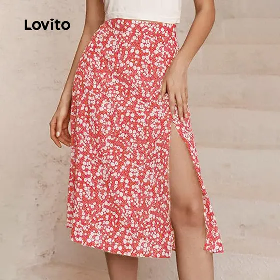 Lovito Saias Casuais Primavera/verão Saias Vermelhas para mulheres LNL130097