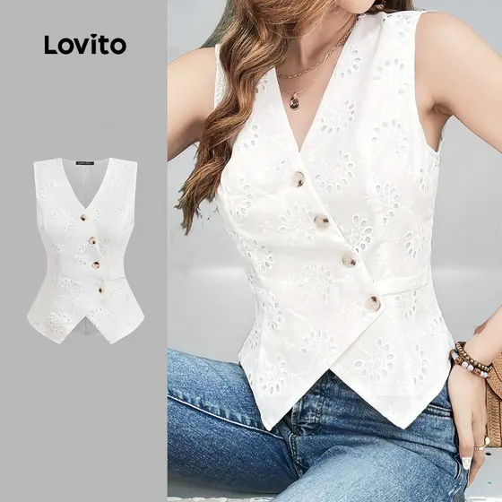 Lovito Blusa Casual com Aberturas em Ilhós Bordado e Botões Primavera/verão Branca para Mulheres L143AD1885