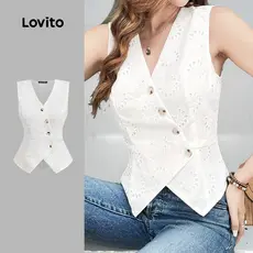 Lovito Blusa Casual com Aberturas em Ilhós Bordado e Botões Primavera/verão Branca para Mulheres L143AD1885