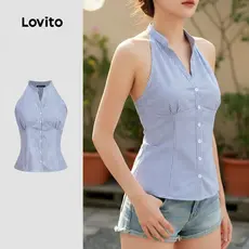 Lovito Regata Feminina Azul e Branco com Botões Geométricos Listrados e Plissados para Verão e Primavera L135ED386