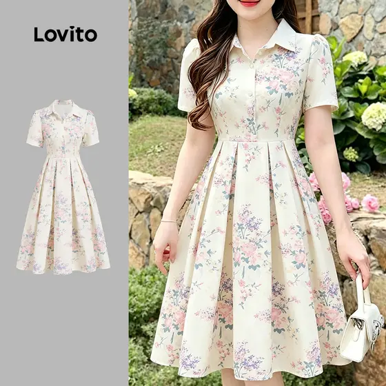 Lovito Vestido Casual Floral Botões Frontais Zíper Pregas Primavera/verão Perfeito Festivais Para Mulheres LBL27342
