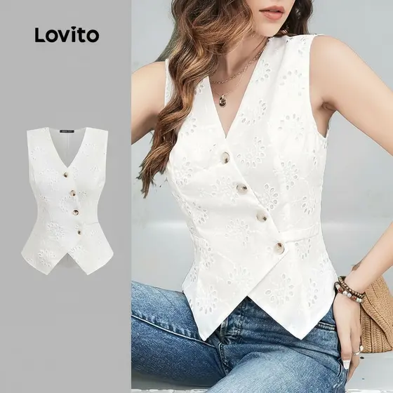 Blusa Feminina Branca Casual com Bordado e Aberturas em Ilhós, Primavera/Verão, Marca Lovito L143AD1885