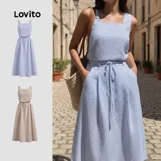Lovito Vestido Casual Azul para Mulheres com Bolso e Cinto - Primavera/Verão L142LD431