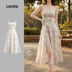 Lovito Vestido Feminino Boho Estampado Floral Plissado para Mulheres L123ED630