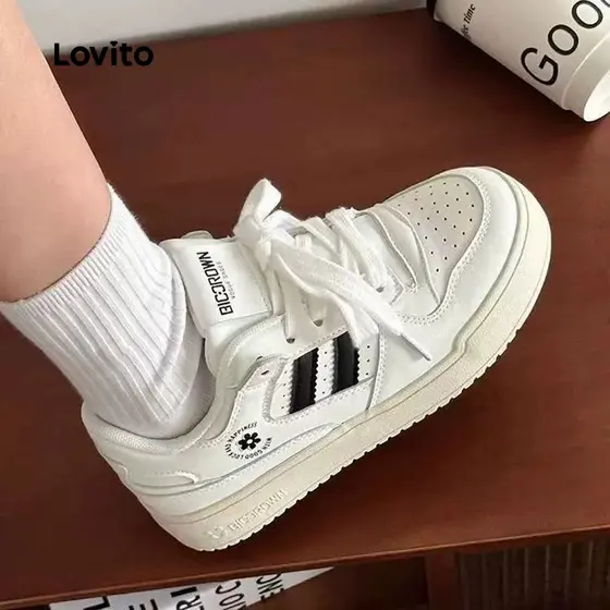 Lovito Tênis Esportivos Brancos Minimalistas para Todas As Estações Tênis Femininos brancos LFA87018