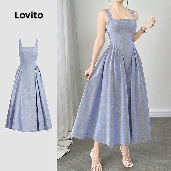 Lovito Vestido Elegante com Laço Nas Costas para Primavera/verão Azul para Mulheres L149LD324