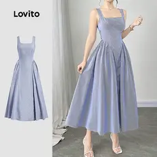 Lovito Vestido Elegante com Laço Nas Costas para Primavera/verão Azul para Mulheres L149LD324