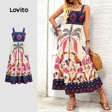 Lovito Padrão de Vestido Boho com Zíper Vestido Primavera/verão para Mulheres LBL32133