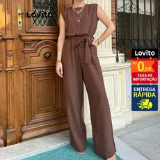 Lovito Macacão Liso Com Cadarço Para Mulheres LNE31016 (Marrom/Preto)