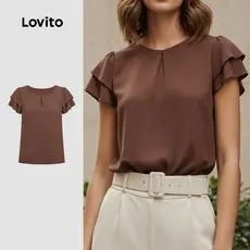 Lovito Blusa Casual Feminina com Babados e Plissados Marrom Primavera/Verão LBL35209