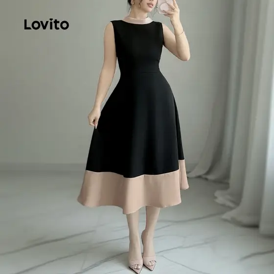 (NEW) Lovito Vestido elegante Colorblock com zíper vestido preto para mulheres LK3AD1145