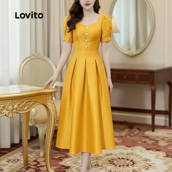 Lovito Vestido Feminino Amarelo, Elegante, Botão Frontal, Estilo Francês, Primavera Verão LBL34054