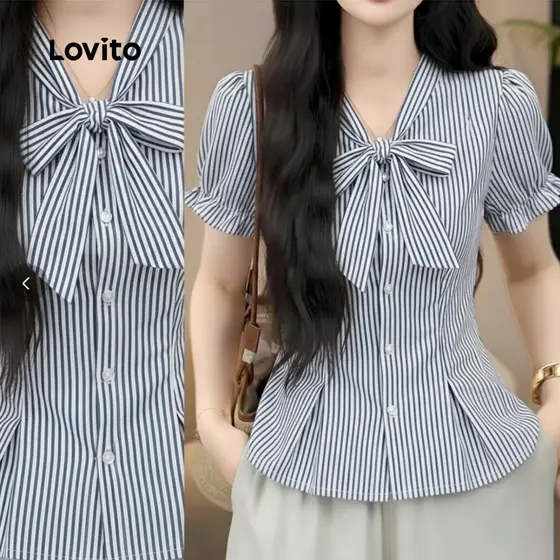 Lovito Blusa Boho com Amarração Padrão Botão Frontal Primavera/verão Blusa Azul e Branca para Mulheres L177ED1054