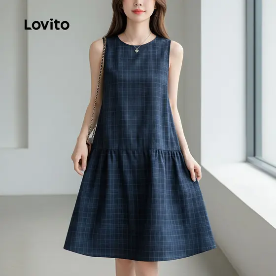 Lovito Vestido Casual Feminino Azul Marinho com Babado Primavera/Verão para Mulheres L164LD121