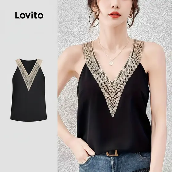 Lovito Blusa Casual Feminina Preta com Babados no Decote para Primavera Verão L158AD148