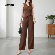 Lovito Calças Femininas de Botão para Primavera/Verão em Tons Marrons Elegantes L158ED727