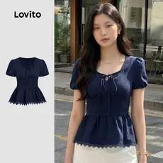 Lovito Blusa Elegante de Renda com para Primavera/verão Blusa Azul Marinho para Mulheres. L178LD099