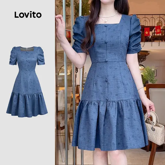 Lovito Vestido Elegante Azul Primavera/verão Feminino Estilo Resort com Babados e Flores Confortável Estiloso L172ED280