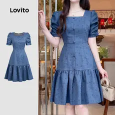 Lovito Vestido Elegante Azul Primavera/verão Feminino Estilo Resort com Babados e Flores Confortável Estiloso L172ED280