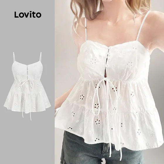 Lovito Top Casual Feminino de Renda e Botões para a Primavera/verão em Branco off-white L165ED038