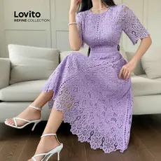 (Refine by Lovito) Vestido Feminino Elegante de Renda Oca com Babado Grande Primavera/Verão Roxo LR35E050