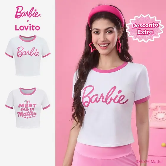 [Mid Year Sale]Barbie™ X Lovito Camiseta Casual Justa Formal Casual De Algodão Primavera/verão Branca Feminina LB1AD023