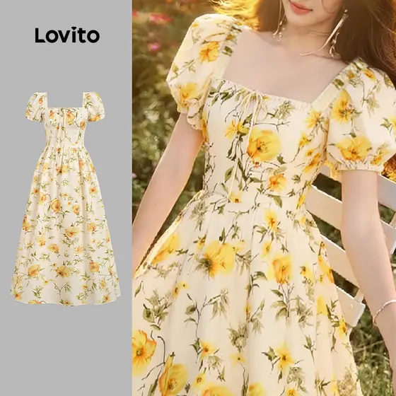 Lovito Vestido Casual flores estrutura linha rendas até vestido primavera/verão para mulheres LK3ED916