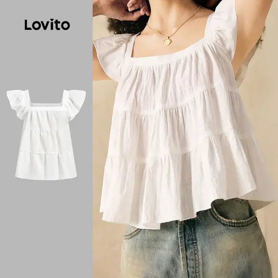 Lovito Blusa Feminina Casual com Babados Franzidos Primavera/verão Blusa Branca LK3ED1054