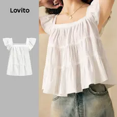 Lovito Blusa Feminina Casual com Babados Franzidos Primavera/verão Blusa Branca LK3ED1054