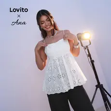 (Lovito x Ana) Top Boho Feminino Regata Com Ilhós Bordado Liso E Babado Para Verão L74ED138