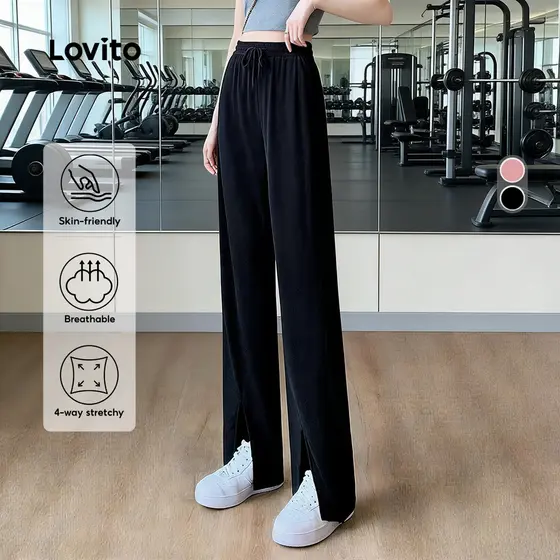 Lovito Calça Esportiva Preta Respirável Seca Rápido Outdoor Corrida Yoga Atividades Esportivas Feminino LNA137032