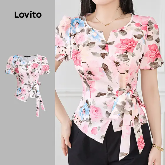 Lovito Blusa Casual com Amarração Primavera/verão Blusa Rosa para Mulheres L171AD1024