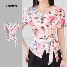 Lovito Blusa Casual com Amarração Primavera/verão Blusa Rosa para Mulheres L171AD1024
