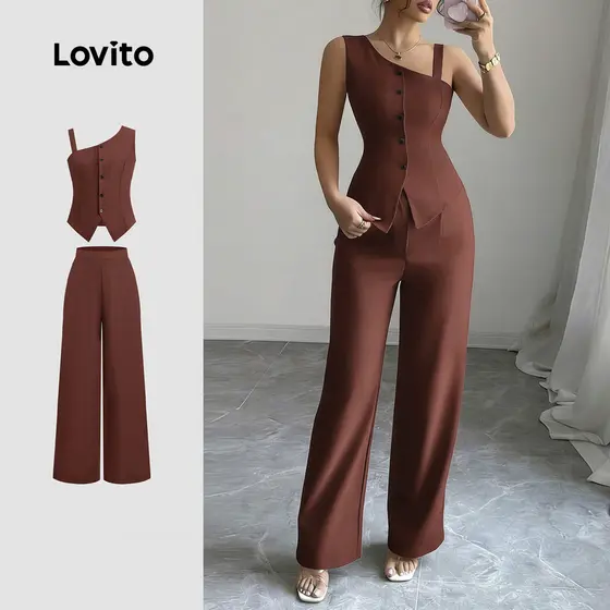 Lovito Elegantes e Botão Frontal Ombro Frio Primavera/verão Calças Cáqui para Mulheres L172LD1191