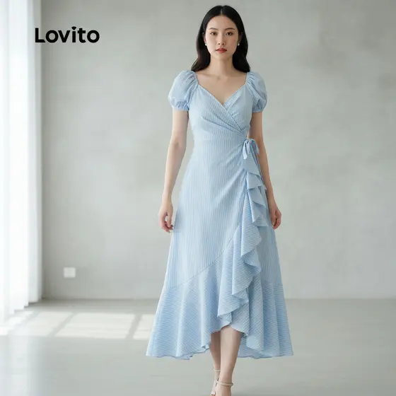 Lovito Vestido Sofisticado Envelope com Babado Primavera/verão Azul para Mulheres L165ED1507