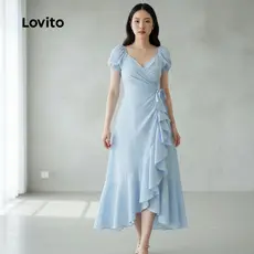 Lovito Vestido Sofisticado Envelope com Babado Primavera/verão Azul para Mulheres L165ED1507