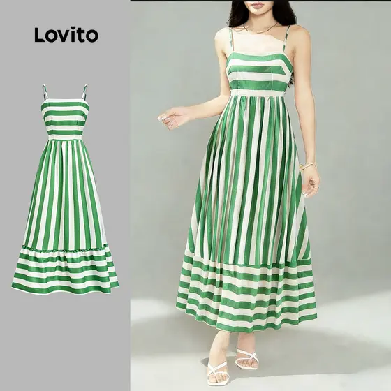 Lovito Vestido Casual Ombro Frio com Zíper em Tecido Costurado Primavera/verão Verde para Mulheres LBL32184