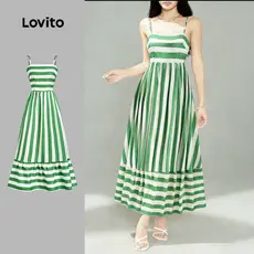 Lovito Vestido Casual Ombro Frio com Zíper em Tecido Costurado Primavera/verão Verde para Mulheres LBL32184