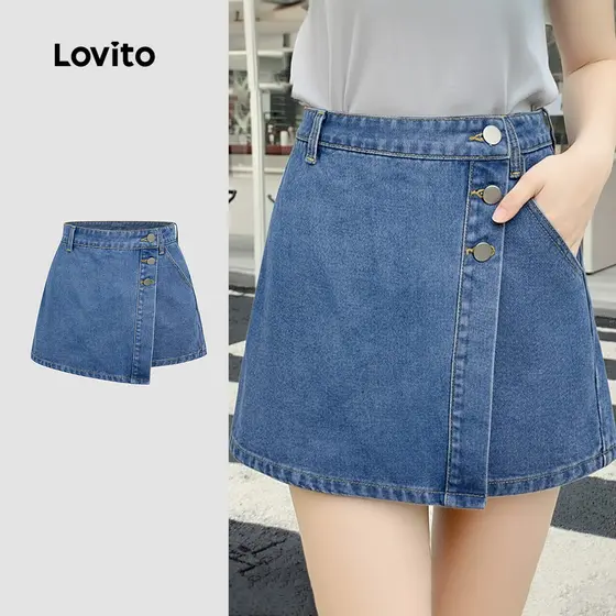 Lovito Shorts de Ganga Casuais Lavados com Bolso Botão Na Frente Primavera/verão Azul para Mulheres L171ED195