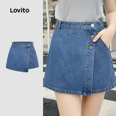 Lovito Shorts de Ganga Casuais Lavados com Bolso Botão Na Frente Primavera/verão Azul para Mulheres L171ED195