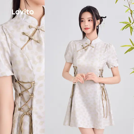 Lovito Vestido Elegante Novo Estilo Chinês Cheongsam Qipao Primavera/verão Cinza Verde Vestido L166AD029