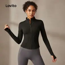 Lovito Jaqueta Esportiva para Mulheres Controle de Barriga Fitness Corrida Yoga LNA109025