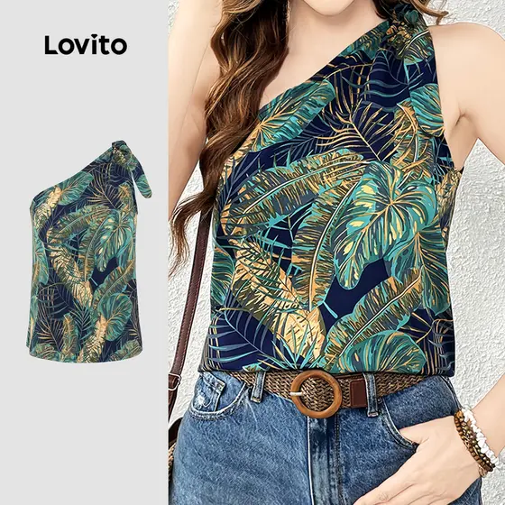 (NEW) Lovito Top Boho com Laço e Ombro À Mostra para Mulheres LK4AD074