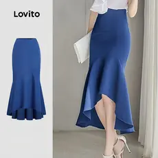 Lovito Saias Elegantes com Babados Bainha Assimétrica Alta e Baixa Primavera/verão Azul para Mulheres L177ED415